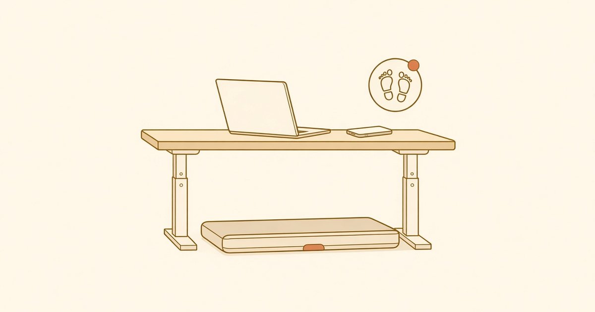 Illustration of a walking pad under a standing desk with a phone lying on the desk